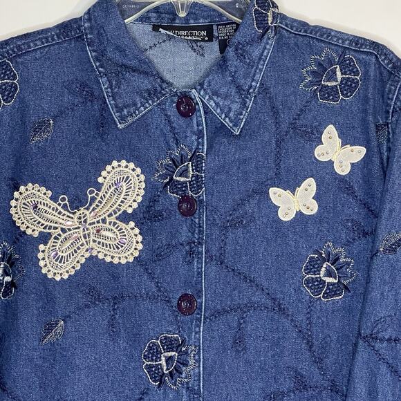 New Direction Denim Jacket Embroidered Floral Butterfly Appliqué Women XL‎ Funky - Picture 4 of 8